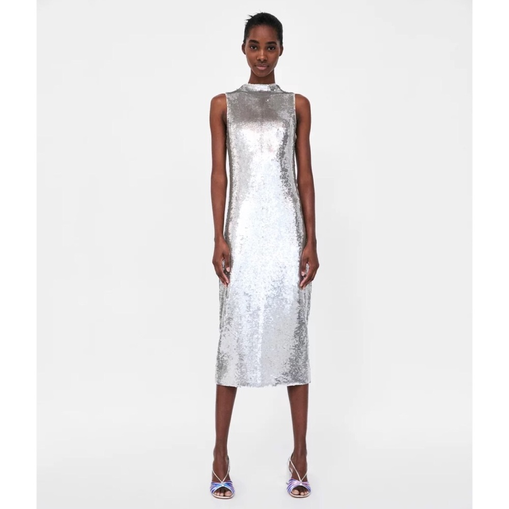 Zara Silver Sequin Midi Dress Size Medium